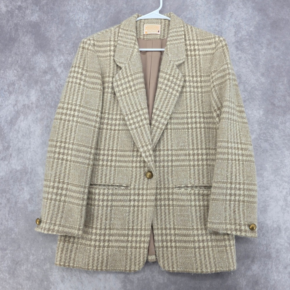 Vintage Pendleton 70s Wool Blazer Tan Plaid Gold Metallic Lurex USA Made Size 10